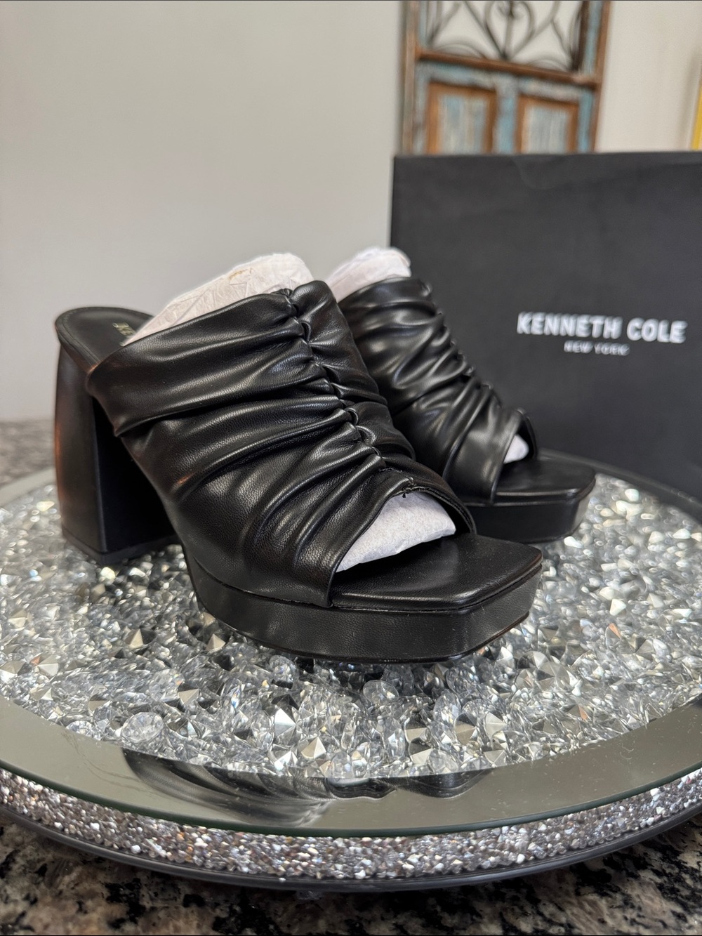 Kenneth Cole Black Ruched Platform Mule Heels NEW 6